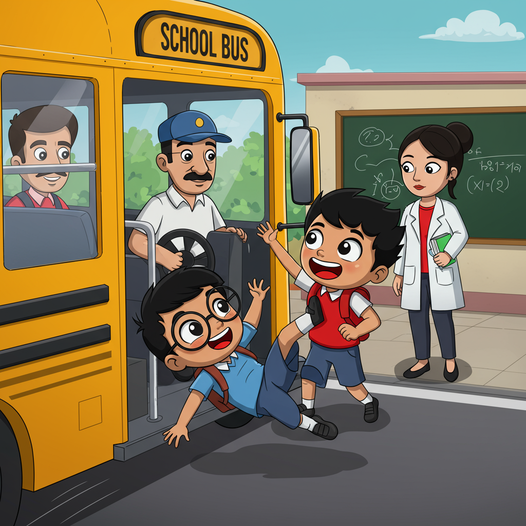 A boy falling backward on a school bus as it starts moving, with a friend laughing beside him